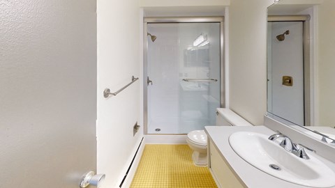 A bathroom with a sink, toilet, and shower.